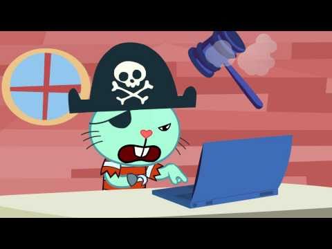 Un personnage de "happy tree friends" devant un ordinateur avec un chapeau de pirate