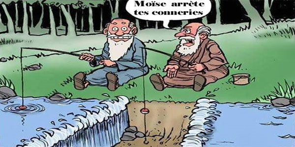 Dessin humoristique dans lequel Moïse fait en blague en fendant l'eau devant son partenaire de pèche