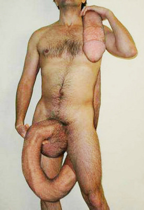 Photomontage d'un homme avec un penis démesuré qu'il porte sur son épaule