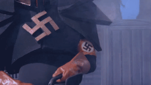 Photo d'un montre nazi avec une tronçonneuse en flamme