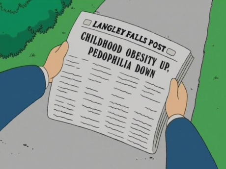 Capture d'écran d'un épisode des simpsons ou un journal titre "l'obésité en hausse, la pédophilie en baisse"