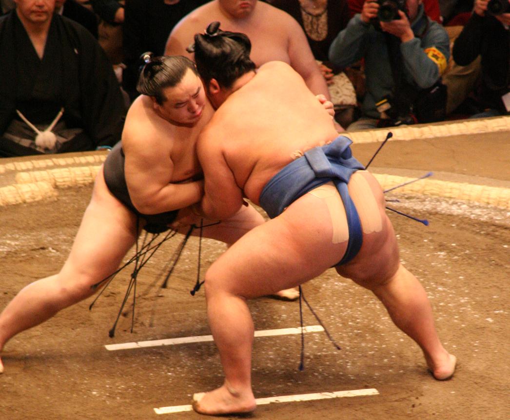 Photo de deux sumos en train de combattre