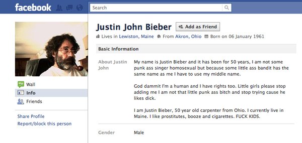 Photo du profile facebook de Justin John Bieber